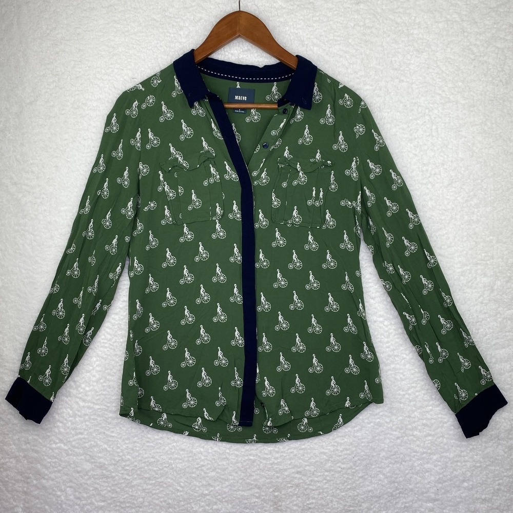 Maeve Button Up Shirt Womens 6 Green Bicyclist Print Long Sleeve Rayon Pockets